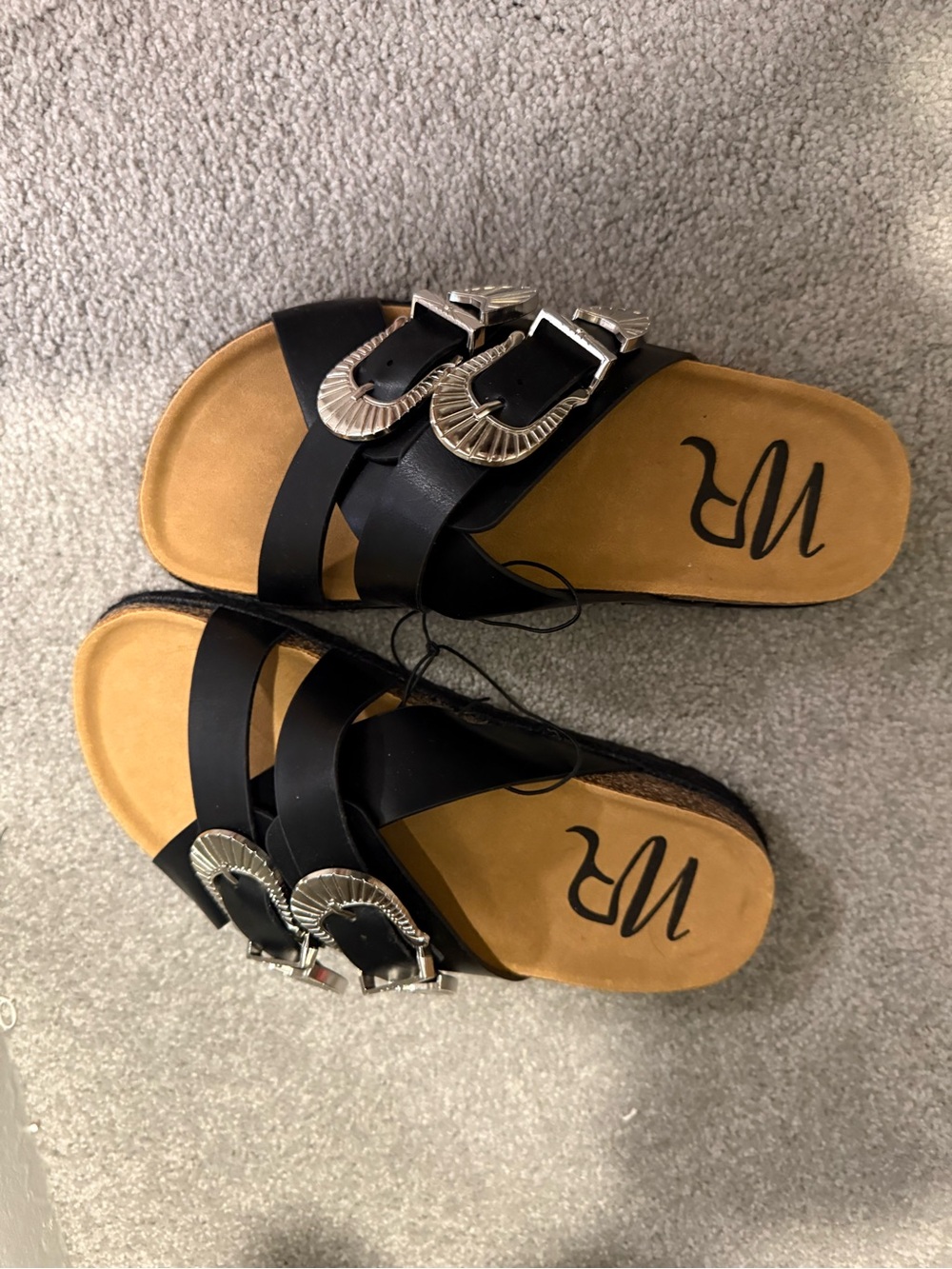 New Not Rated Black Double-Buckle Slide Sandals
